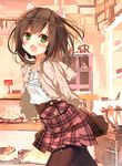  animal_ears brown_hair cat_ears fang green_eyes highres hisaka_hazara idolmaster idolmaster_cinderella_girls looking_at_viewer maekawa_miku open_mouth pantyhose plaid plaid_skirt short_hair skirt smile solo 