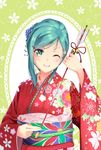  ;) arrow bell green_eyes green_hair highres japanese_clothes kantai_collection kimono obi one_eye_closed ribbon sash smile solo suzuya_(kantai_collection) yamakou_(yamakou_e2) 