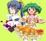  1girl :d artist_request blue_hair bow green_hair happy heart heart_hands long_hair macross macross_frontier midriff navel necktie open_mouth orange_skirt ponytail ranka_lee red_eyes ribbon saotome_alto school school_uniform skirt smile thighhighs twintails uniform white_legwear yellow_eyes 