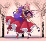  bike_shorts blue_eyes curly_hair dancing dark_skin dress flower frills green_eyes highres himemiya_anthy holding_hands long_hair multiple_girls pink_hair purple_hair red_dress rose shinoasa shoujo_kakumei_utena smile tassel tenjou_utena tiara wrist_cuffs 