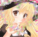  aono_yami bangs blonde_hair blush bow braid brown_eyes dress face gesture grin hair_bow hair_ornament hands hat heart kirisame_marisa long_hair open_mouth ribbon smile solo star touhou witch_hat 