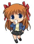  baozi blue_eyes chibi eating food hand_on_hip kannazuki_yukito kanon long_hair orange_hair sawatari_makoto solo twintails 