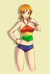  bangle bare_shoulders bracelet cutoffs denim denim_shorts halter_top halterneck hand_on_hip jewelry kara_(color) log_pose nami_(one_piece) navel one_piece one_piece:_strong_world orange_hair short_shorts short_twintails shorts solo tattoo twintails 