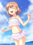  ^_^ bad_id bad_pixiv_id beach bikini blush brown_hair closed_eyes day frilled_bikini frilled_swimsuit frills happy light_rays misaka_mikoto navel ocean open_mouth outdoors polka_dot polka_dot_swimsuit sea_spray shiwasuzuki short_hair solo sunbeam sunlight swimsuit tankini to_aru_kagaku_no_railgun to_aru_majutsu_no_index water 