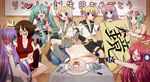  6+girls animal_hat aqua_eyes aqua_hair birthday blonde_hair blue_eyes blue_hair blush bottle brown_hair cake drunk error fang food fork goggles goggles_on_head green_eyes green_hair gumi hair_ornament hair_ribbon hairclip hat hatsune_miku headphones kagamine_len kagamine_rin kaito kamui_gakupo kana_(19960415) laughing long_hair megurine_luka meiko multiple_boys multiple_girls pastry pink_hair purple_hair red_hair ribbon sf-a2_miki short_hair sitting skirt smile thighhighs toeto_(vocaloid) twintails vocaloid zettai_ryouiki 