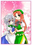  bad_id bad_pixiv_id blush braid happy hat holding_hands hong_meiling izayoi_sakuya multiple_girls ribbon sakura_(doors) short_hair smile touhou twin_braids 