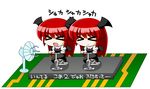  &gt;_&lt; chibi clone closed_eyes electric_fan exercise_bike head_wings intel koakuma long_hair pun red_hair touhou translated wings yamato_damashi 