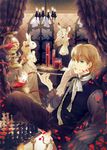  2boys ame_(conronca) bad_id bad_pixiv_id beaker blonde_hair blood blue_eyes board_game bunny candelabra candle chandelier chess curtains dress formal graduated_cylinder hands_clasped hookah long_hair mask multiple_boys original own_hands_together petals ribbon suit zebra 
