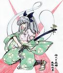  alternate_hairstyle amputee bad_id bad_pixiv_id blue_eyes bow breasts cleavage colored_pencil_(medium) flower ghost grey_hair hair_bow hair_ribbon hakama japanese_clothes kneeling konpaku_youmu konpaku_youmu_(ghost) long_hair medium_breasts midriff mitsudomoe_(shape) mokkouyou_bondo navel older ponytail ready_to_draw ribbon sandals solo sword tomoe_(symbol) touhou traditional_media translation_request weapon wide_sleeves 