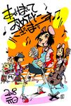  2boys 2girls animal_ears band beamed_eighth_notes black_hair brown_eyes buck_teeth double_bass drum eighth_note guitar hirano_masanori instrument microphone mouse_ears mouse_tail multiple_boys multiple_girls musical_note new_year quarter_note tail 