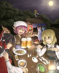  alcohol animal_ears beer black_hair blonde_hair blue_eyes bow cup earrings eel food food_stand fujiwara_no_mokou full_moon hair_bow hakurei_reimu head_scarf highres japanese_clothes jewelry kamishirasawa_keine kirisame_marisa moon mug multiple_girls mystia_lorelei night noren okamisty pink_hair rumia table tasuki toritora touhou white_hair wings yatai 