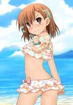  ass back bad_id bad_pixiv_id beach bikini biribiri blush bow breasts brown_eyes brown_hair coin day electricity foreshortening frilled_swimsuit frills grin looking_back misaka_mikoto ocean outdoors polka_dot polka_dot_swimsuit ribs small_breasts smile solo suga_hideo swimsuit tankini to_aru_kagaku_no_railgun to_aru_majutsu_no_index underboob water 