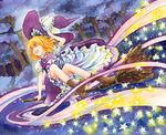  :d blonde_hair boots broom dress flying forest frills glowing hair_ribbon hand_on_headwear hand_up happy hat hat_ribbon hat_tug holding kirisame_marisa legs long_hair magic millipen_(medium) nature night open_mouth ribbon shiroaisa shoes short_sleeves smile solo star touhou traditional_media tree watercolor_(medium) witch witch_hat yellow_eyes 
