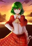  bad_id bad_pixiv_id capelet foro_(planet_cage) green_hair hand_on_hip kazami_yuuka parasol plaid plaid_skirt red_eyes short_hair skirt smile solo sunset touhou umbrella 