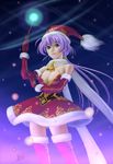  bell boots breasts cleavage elbow_gloves gloves green_eyes hat large_breasts mcq original purple_hair santa_costume santa_hat scarf solo thigh_boots thighhighs 