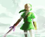  blonde_hair blood gloves link male_focus master_sword muse_(rainforest) pointy_ears red_eyes solo sword the_legend_of_zelda weapon 
