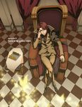  board_game brown_eyes bug butterfly cape chair checkered checkered_floor chess crossed_legs formal from_above insect jewelry male_focus necktie perspective red_hair ring sami_(object_dump) sitting solo suit throne umineko_no_naku_koro_ni ushiromiya_battler 