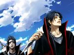  black_hair collar collarbone headband hoshigaki_kisame jewelry lily_(artist) long_sleeves lowres male_focus multiple_boys naruto naruto_(series) necklace sheath sheathed spiked_hair sword uchiha_itachi upper_body weapon 