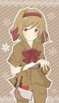  alcohol apple axis_powers_hetalia bad_id bad_pixiv_id basket belgium_(hetalia) blonde_hair blue_eyes blush bow error food fruit hair_ribbon highres kamino military military_uniform ribbon sleeves_rolled_up solo uniform waffle wine 