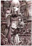  alice_margatroid book book_stack doll doll_joints goliath_doll highres monochrome nobita purple shanghai_doll solo spell_card touhou traditional_media 