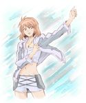  bad_id bad_pixiv_id brown_hair dressing highres ibis_douglas jewelry midriff navel necklace red_eyes shiro_kujira short_hair solo super_robot_wars super_robot_wars_original_generation 