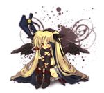  axe bad_id bad_pixiv_id bardiche black_legwear blonde_hair blood blush boots bow bruise cape fate_testarossa hair_bow injury leg_hug long_hair lyrical_nanoha mahou_shoujo_lyrical_nanoha mahou_shoujo_lyrical_nanoha_a's red_eyes sad sari_(choppori) sitting solo thighhighs torn_clothes twintails very_long_hair weapon wings 