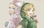  1girl blonde_hair blue_eyes hat holding holding_sword holding_weapon instrument left-handed link muse_(rainforest) ocarina pointy_ears princess_zelda sword the_legend_of_zelda the_legend_of_zelda:_ocarina_of_time weapon young_link young_zelda 