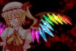  blonde_hair blood blood_on_face blood_stain crystal fang flandre_scarlet frills glowing glowing_eyes hat hat_ribbon natsumoto necktie rainbow_order red_eyes ribbon short_hair short_sleeves side_ponytail smile smirk solo touhou wings 