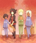  :d ^_^ ^o^ autumn bad_id bad_pixiv_id bag bernard_wiseman black_hair blonde_hair closed_eyes crossover domon_kasshu full_body g_gundam groceries grocery_bag gundam gundam_00 gundam_0080 headband jacket long_sleeves looking_at_viewer loran_cehack male_focus multiple_boys open_mouth pants setsuna_f_seiei shopping_bag smile standing track_jacket track_pants turn_a_gundam yuya_(oshidori) 