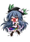  =_= blue_hair blush boots chibi closed_eyes cross-laced_footwear drooling food fruit gradient hat hinanawi_tenshi knee_boots lace-up_boots leaf long_hair lying nanatu_yashiki open_mouth peach saliva skirt solo touhou 
