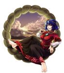  alcohol barefoot feet full_body highres md5_mismatch purple_hair red_eyes rope sake shimenawa short_hair simple_background socha solo touhou yasaka_kanako 