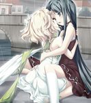  angelina_rocca belle_(katahane) bow closed_eyes curly_hair dress fue_(tsuzuku) green_scarf hair_bow hair_ribbon holding hug katahane long_hair multiple_girls open_mouth rain ribbon scarf short_hair very_long_hair yuri 