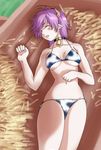  animal_print bell bikini breasts cow_girl cow_print hay horns large_breasts lying original pointy_ears purple_hair short_hair sleeping solo swimsuit tat underboob 