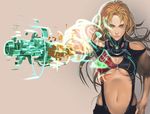  blonde_hair blue_eyes breasts digital_dissolve kichin_yarou large_breasts long_hair metroid navel no_lineart ribs samus_aran skinny solo underboob 