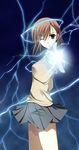  biribiri brown_eyes brown_hair electricity hair_ornament hairclip misaka_mikoto one_eye_closed school_uniform skirt solo sweater_vest takepon to_aru_kagaku_no_railgun to_aru_majutsu_no_index 