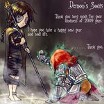  2girls anklet armor barefoot black_hair cape choker demon&#039;s_souls demon's_souls dress feet female from_software jewelry long_hair maiden_in_black multiple_girls pietro red_hair redhead short_hair souls_(from_software) staff 