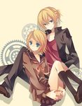  1girl bad_id bad_pixiv_id blonde_hair blue_eyes brother_and_sister casual hair_ornament hairclip kagamine_len kagamine_rin school_uniform serafuku short_hair siblings sitting skirt tsukioka_tsukiho twins vocaloid 