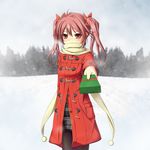  blush coat cold confession cowboy_shot foreshortening forest gift holding holding_gift incoming_gift looking_at_viewer nature nekoro pantyhose scarf shirai_kuroko skirt snow solo to_aru_kagaku_no_railgun to_aru_majutsu_no_index twintails winter winter_clothes winter_coat 