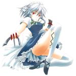  absurdres braid full_body hairband highres izayoi_sakuya knife maid no_panties red_eyes ribbon short_hair silver_hair solo thighhighs touhou transparent_background twin_braids urutsu_sahari 