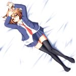  animal_ears blush brown_eyes brown_hair cat_ears copyright_request glasses highres lying necktie on_back school_uniform seren_(staphy) skirt solo thighhighs 