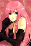  bad_id bad_pixiv_id blue_eyes dress elbow_gloves flower gloves halterneck lips long_hair lying megurine_luka nntn on_stomach pink_hair smile solo tattoo upper_body vocaloid 