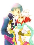  1girl blue_eyes blue_hair glasses gloves hubert_ozwell multicolored_hair pascal red_hair scarf tales_of_(series) tales_of_graces two-tone_hair white_hair yellow_eyes yuki_ya 