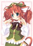  animal_ears aqua_eyes blue_eyes braid cat_ears cat_tail china_dress chinese_clothes dress hat highres hong_meiling kemonomimi_mode long_hair lozelia red_hair short_hair smile solo tail touhou twin_braids 