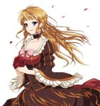  bad_id bad_pixiv_id beatrice blonde_hair blue_eyes bow bowtie breasts cleavage dress flower frills hair_down large_breasts long_hair petals pink_bow solo uka_(color_noise) umineko_no_naku_koro_ni 