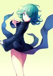  ass black_dress curly_hair dress evers green_eyes green_hair looking_at_viewer one-punch_man outstretched_hand short_hair simple_background smile solo tatsumaki 