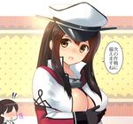  2girls akagi_(kantai_collection) alternate_costume breast_hold breasts brown_eyes brown_hair capelet cleavage convenient_censoring cosplay eko graf_zeppelin_(kantai_collection) graf_zeppelin_(kantai_collection)_(cosplay) hair_between_eyes hat kaga_(kantai_collection) kantai_collection large_breasts long_hair looking_at_viewer multiple_girls open_mouth peaked_cap side_ponytail translation_request underboob upper_body 