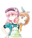  :&gt; blush bob_cut brown_hair casual cheese earrings food gyosone hat jakuzure_nonon jewelry kill_la_kill looking_at_viewer looking_away mankanshoku_mako multiple_girls overalls pink_eyes pink_hair short_hair smile sweatdrop wavy_mouth 