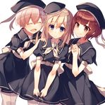  3girls :d ^_^ alternate_costume beret blonde_hair blue_eyes brown_eyes brown_hair closed_eyes covering covering_crotch dress girl_sandwich hand_on_another's_shoulder hat kantai_collection kureaki_(exit) long_hair multiple_girls open_mouth sailor_dress sandwiched short_hair silver_hair smile u-511_(kantai_collection) z1_leberecht_maass_(kantai_collection) z3_max_schultz_(kantai_collection) 
