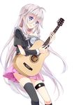  black_legwear blue_eyes fei_miao guitar hair_between_eyes highres holding ia_(vocaloid) instrument long_hair pink_skirt pleated_skirt silver_hair simple_background skirt smile solo thighhighs very_long_hair vocaloid white_background 