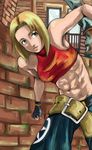  abs belt blonde_hair blue_mary commentary_request fatal_fury fingerless_gloves gloves highres midriff mimiyama_kiichi navel solo the_king_of_fighters 